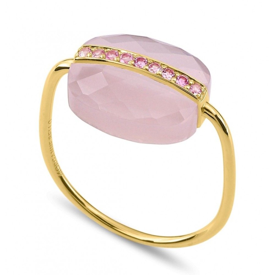 Jewels Morganne Bello  | Milky Pink Quartz Cushion And Pink Sapphires Yellow Gold Aurore Ring