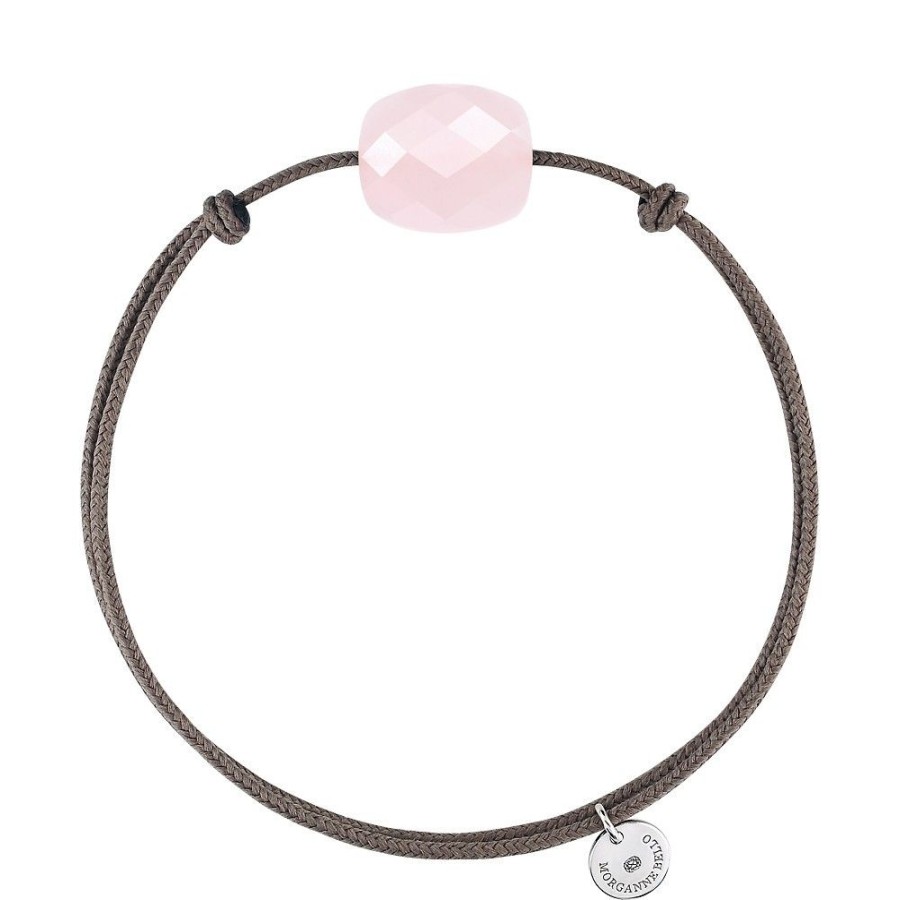 Jewels Morganne Bello  | Powdery Pink Quartz Cushion Taupe Cord Bracelet